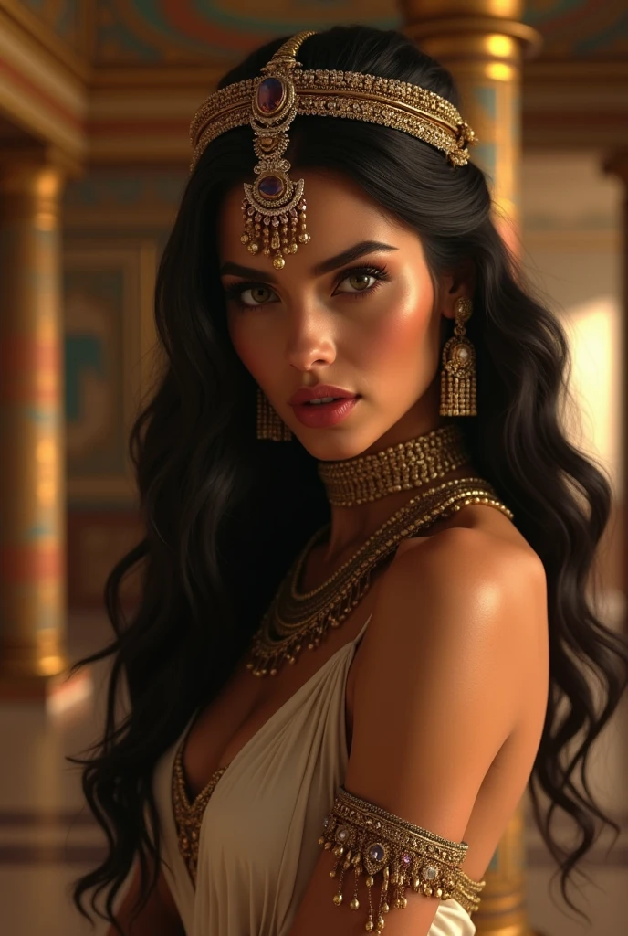 Facing the viewer is a very beautiful 23-year-old Egyptian goddess with a goddess body., piel de porcelana, labios guroesos, nariz pefecta, ojos verdes muy llamativos, cabello negro lleva un outfit insparado en la mitologia egipcia , con detalles en piedras preciosas, joyas en color oro , cabello negro, lleva en sus brazos un gato egipcio color negro con un pelaje muy suave, ellos se encuentran de pie en el que parece ser la entrada a un templo egipcio se alcanzan a mirar las columnas y la arquitectura perfecta del luga, la mejor calidad, detalles realistas, iluminacion cinematografica,