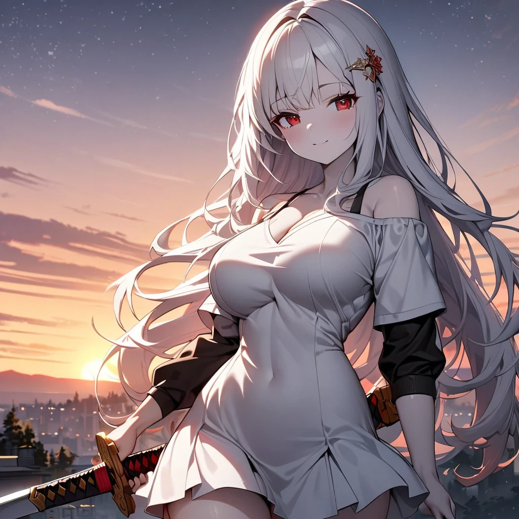 light white gold long hair,  mature face, 1girl  anime long black and red dress hurt, blood, surprised, mature, medium breasts,  tits, shiny skin, shiny hair,   holding sword out, pose, dynamic  background, high quality, highres,  4k, official wallpaper,  crows flying,  mature, hurt, blood,