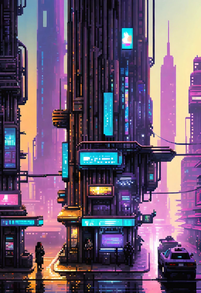 (front view, best quality, masterpiece, best quality, pixel art), (1girl), (solo), looking at viewer, fantasy, pixel art, Incredible pixel art detail, sandboxes, create an image with a cyberpunk theme. Imagine a futuristic cityscape characterized by towering skyscrapers adorned with neon lights and holographic advertisements. Streets are crowded with diverse individuals, including cybernetically enhanced mobiles, bikes, androids, and hackers cloaked in shadow. Reflective surfaces, such as rain-slicked pavement and gleaming chrome, enhance the futuristic atmosphere. Augmented reality interfaces overlay digital information onto the physical world, while drones and flying vehicles traverse the urban landscape. Capture the gritty and vibrant energy of the cyberpunk genre, portraying a world where technology, culture, and society intertwine in complex and unpredictable ways.