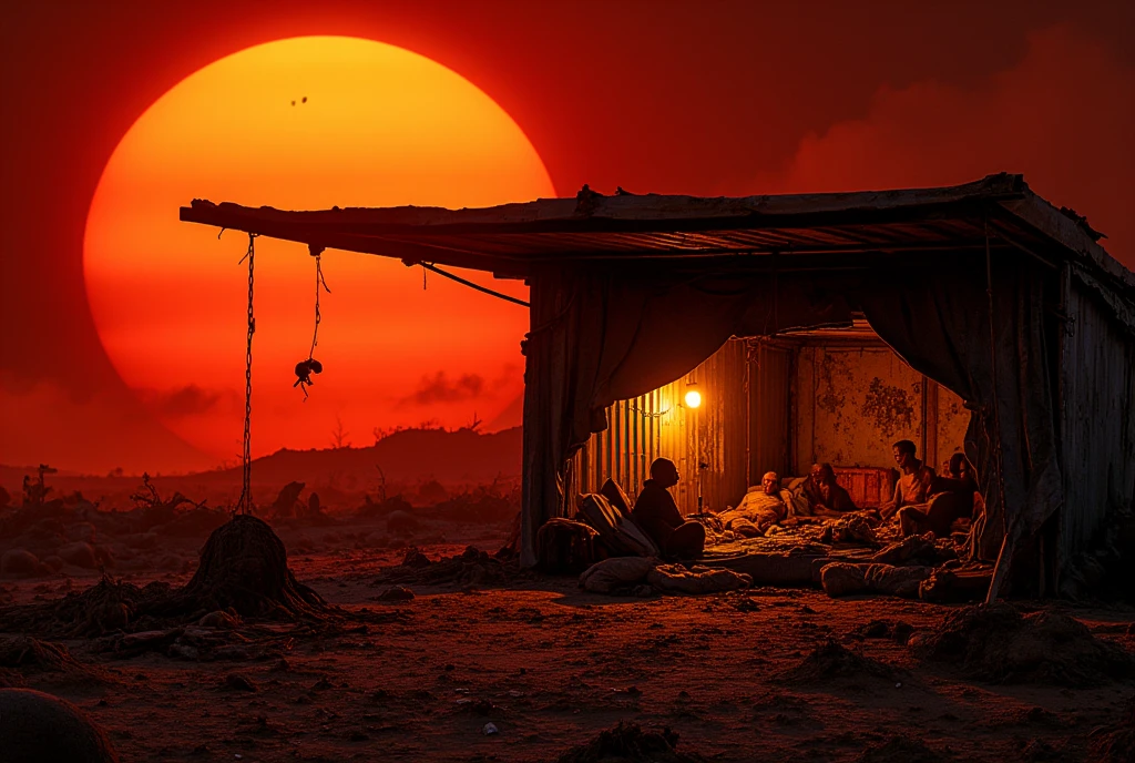 ((masterpiece)) ((photography)) ((Highest quality)) A dystopian apocalyptic landscape where the sun is dangerously close to Earth, casting an intense, hellish red-orange glow over everything, A small, improvised shelter made from scavenged materials, such as corrugated metal and heat-reflective foil, nestled under the shadow of a massive overhang. Inside the shelter, survivors rest on tattered blankets, surrounded by basic supplies like water canisters and homemade fans. The heat outside is palpable, creating an oppressive, suffocating atmosphere.