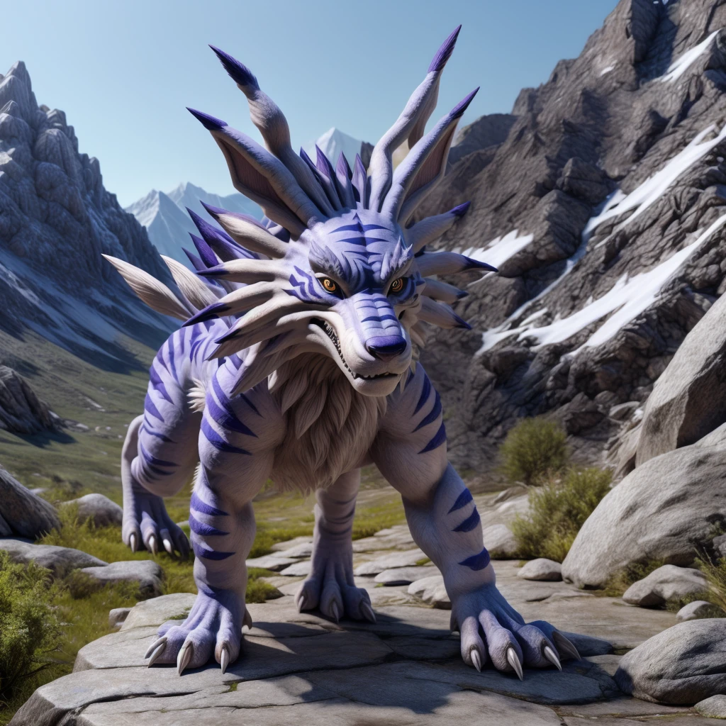 (Full body:1.2), Garurumon, quadruped, furry, detailed face, very detailed fur, in the mountains, Highest quality, photorealistic, very detailed, very detailed background