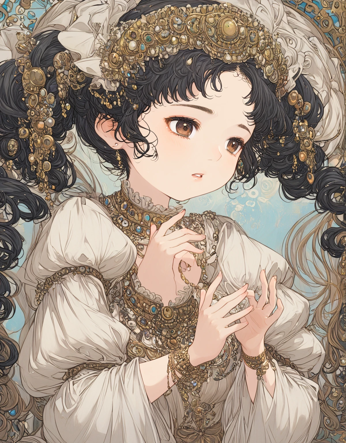 1 girl, large head, little fat, half open mouth, little smile, brown eyes, forehead, black curly hair, low twintails hair, europian dress, jewelries, necklace, victorian headdress, medium tits, dynamic cute action, wave hand, shy, portrait, face shot, looking away, Gustav Klimt: art-nouveau style,