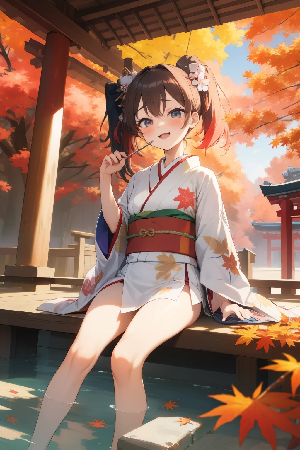 (  Japanese girls)，Loin cloth，Japanese Autumn Festivals，Cute kimono，I saw the world，Urine stains，( side pony, colorful hair)，