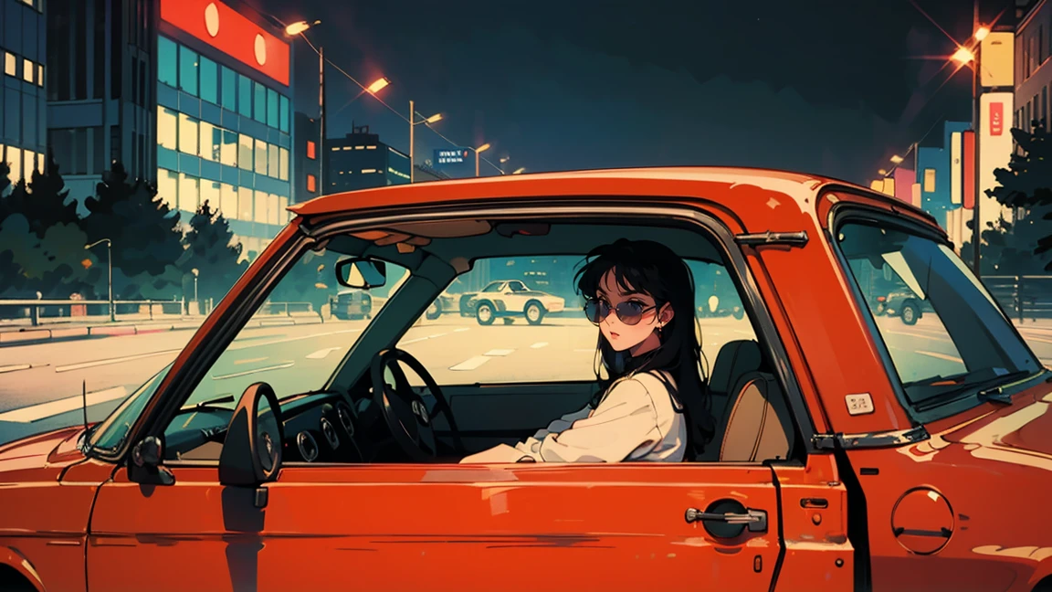 Asian beauty with ponytail hair, old car in background, perfect face, sunglasses, smoking white tailor-made cigarette, neo-noir, (after backlight correction: 1.1), hard shadow, masterpiece, top quality, , model shooting style, vintage, film grain, perfect detail,