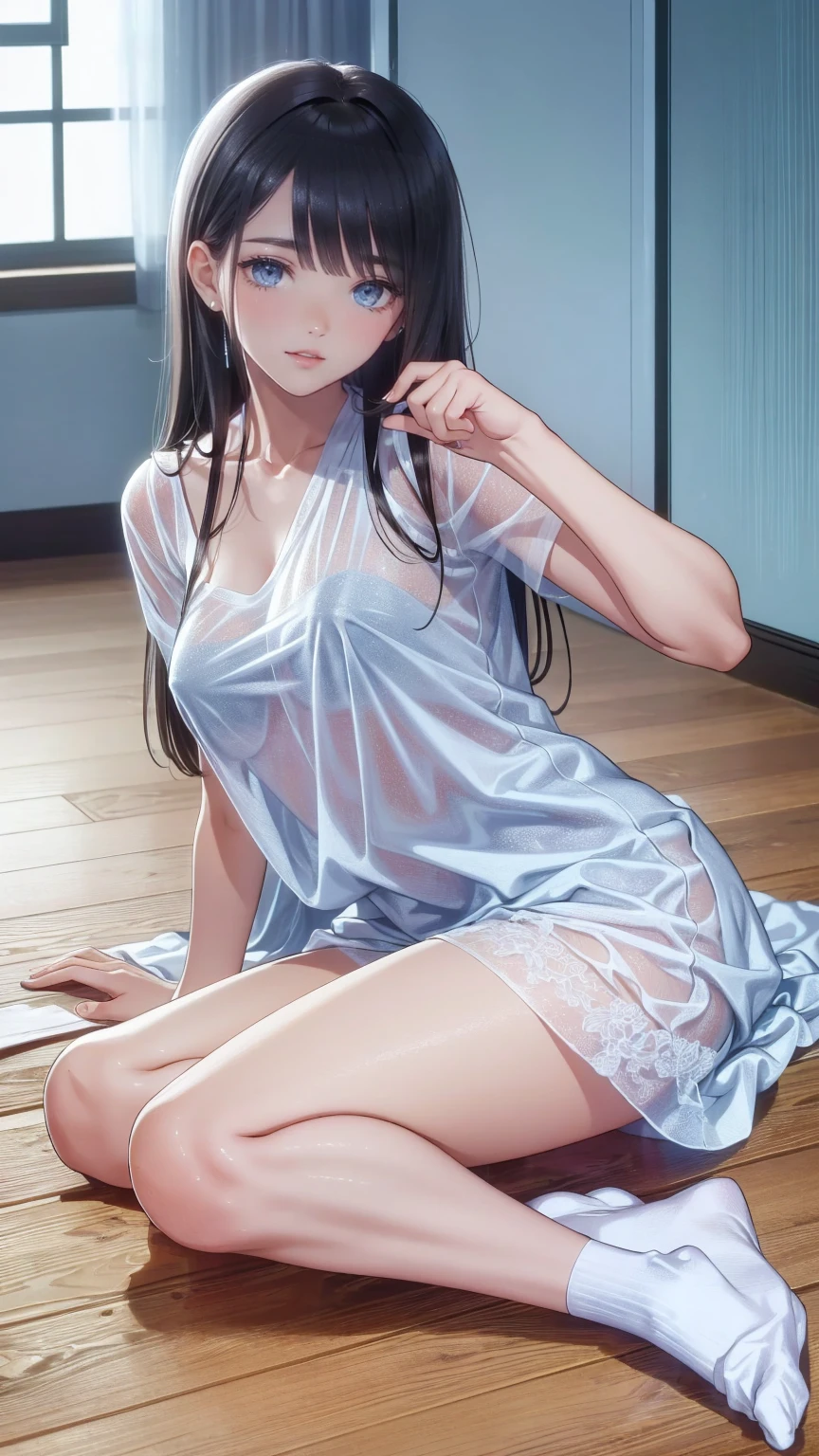 woman,Full body photo, ((junior high school. ))) Best image quality, high quality, The background is clear，きれいなwoman, Japanese, detailed, detailed eyes, detailed skin, Beautiful Skin, 超High resolution, (reality: 1.4),とても美しいwoman, A little younger face, Beautiful Skin, thin, (Ultra-photorealism), (High resolution), (8k), (非常にdetailed) (Beautiful and detailed eyes), (非常にdetailed), (detailed face), Displaying the viewer, Fine details, detailed face, Staring straight ahead, Staring straight ahead, Photo Real, Baby Face,Hairstyle: long hair,smile,(((See-through clothing、White Bikini、)))(Flat chested,)(((flat chests,)))((smile,))((sitting,))hair over one eye, from below,