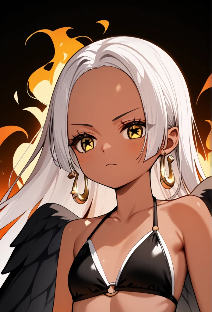 score_9, score_8_up, score_7_up, score_6_up, score_5_up, score_4_up, source_anime, aasnake, long hair, white hair, dark skin, earrings, yellow eyes, symbol-shaped pupils, black wings, small breasts.  upper body, fire, bikini 