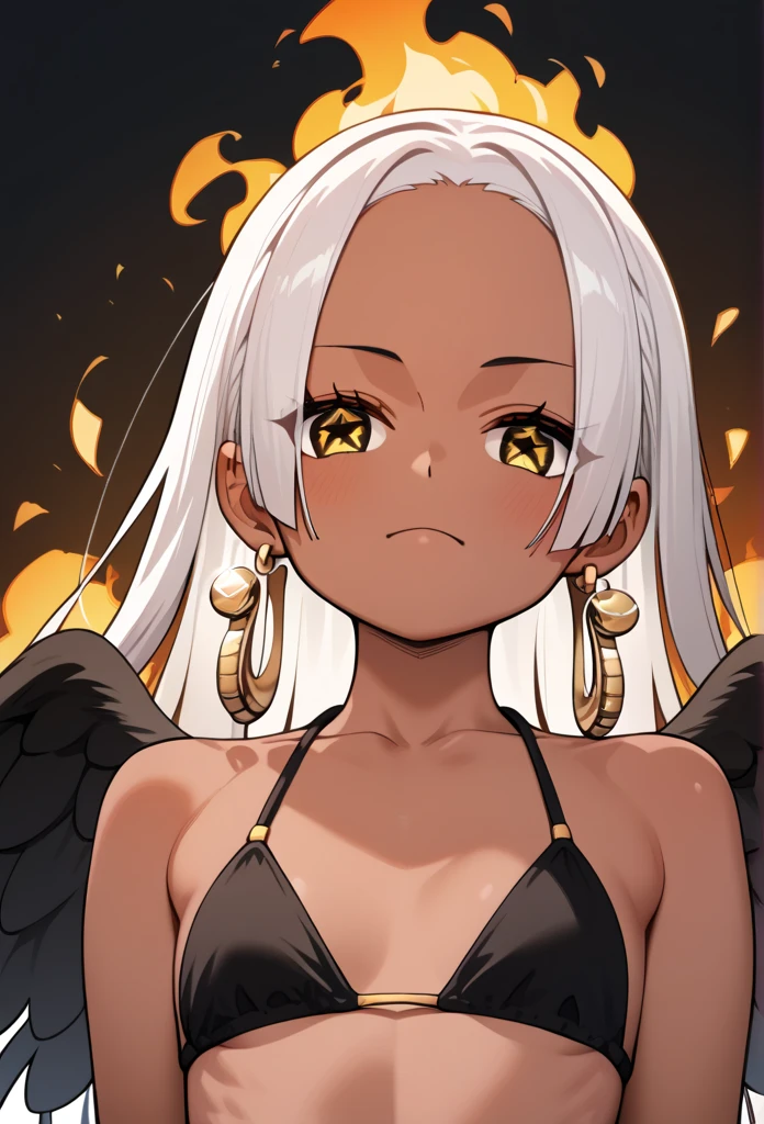 score_9, score_8_up, score_7_up, score_6_up, score_5_up, score_4_up, source_anime, aasnake, long hair, white hair, dark skin, earrings, yellow eyes, symbol-shaped pupils, black wings, small breasts.  upper body, fire, bikini 