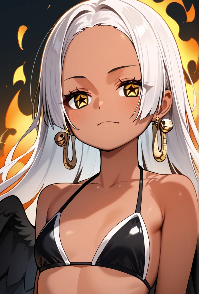 score_9, score_8_up, score_7_up, score_6_up, score_5_up, score_4_up, source_anime, aasnake, long hair, white hair, dark skin, earrings, yellow eyes, symbol-shaped pupils, black wings, small breasts.  upper body, fire, bikini 