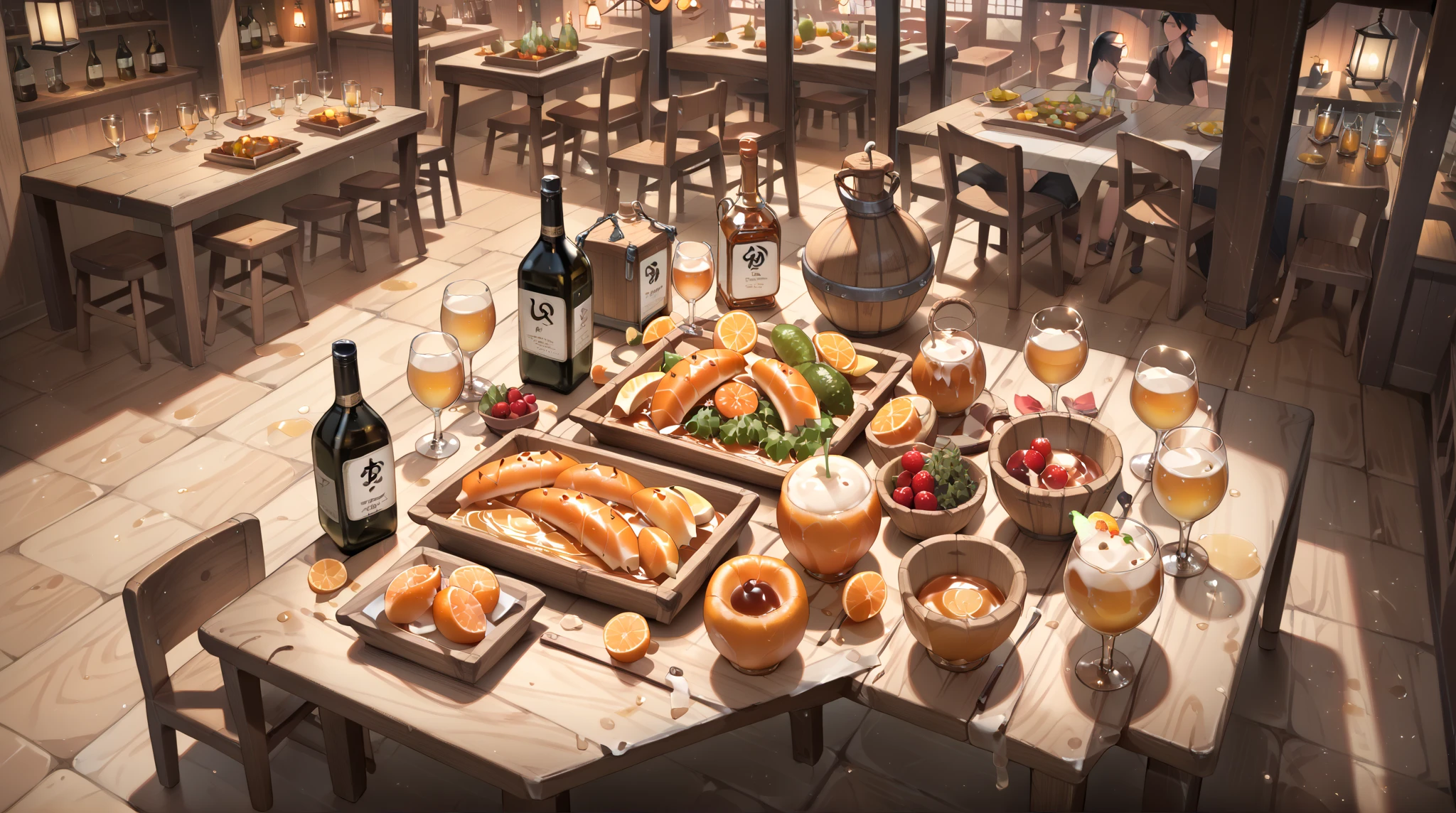  tavern table、Many cuisines、Lots of alcohol 、 composition from above、