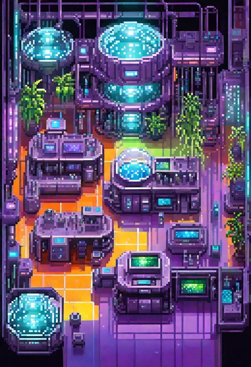 (front view, best quality, masterpiece, best quality, pixel art), (1girl), (solo), looking at viewer, fantasy, pixel art, Incredible pixel art detail, sandboxes, a futuristic laboratory, featuring sleek metallic surfaces, glowing holographic screens displaying data, and robotic arms working on experiments. Include scientists in futuristic lab coats analyzing test tubes with vibrant, glowing liquids, and advanced bio-organisms moving inside transparent containment pods. The atmosphere should feel cutting-edge, with a mix of neon lighting and high-tech equipment creating a sense of innovation and discovery.