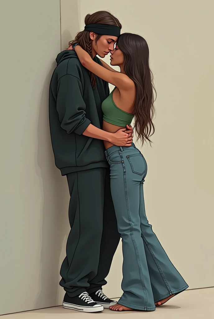 Cel-shaded drawing of a shy man meeting for the first time a stunningly pretty and very muscular and slim woman with big breast, tight bra and a short dress and flexing her arms to make her biceps stand out. She is raising her legs to maake her calves stand out. She is meeting a man for the first time. He is intrigued and cautious.