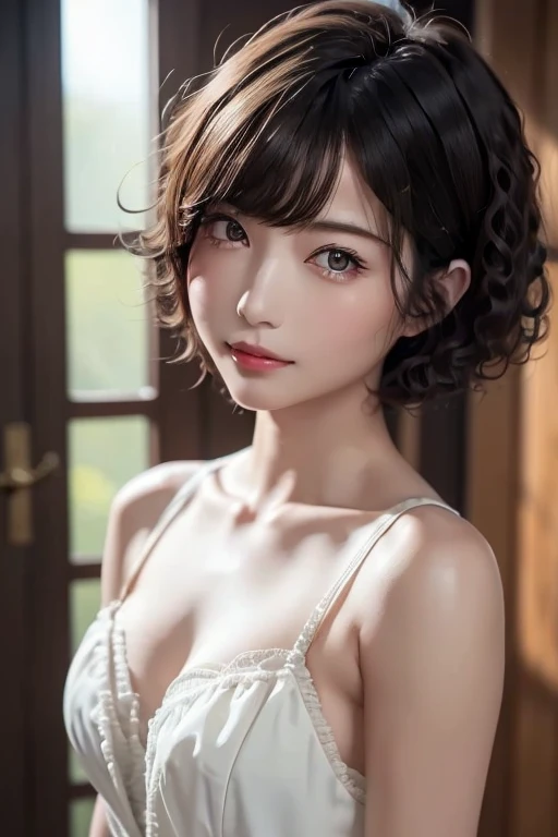 ((  top quality)), (超  is high definition ), (  very detailed), (  detailed description  ), ((  best CG  )), (  Masterpiece  ),  Ultra-detailed art , (  top quality, 8k, 32K,   Masterpiece  ), (  realistic  :1.2)、(  is high definition ),   very pretty face and eyes ,  1 female ,   Thin Waist, Delicate body, (  top quality,   attention to detail,   rich skin details  ), (  top quality, 8k, Oil paints:1.2),   bright color、  beautiful woman 、  detailed face  、((Ultra Short Curly Hair:1.5))