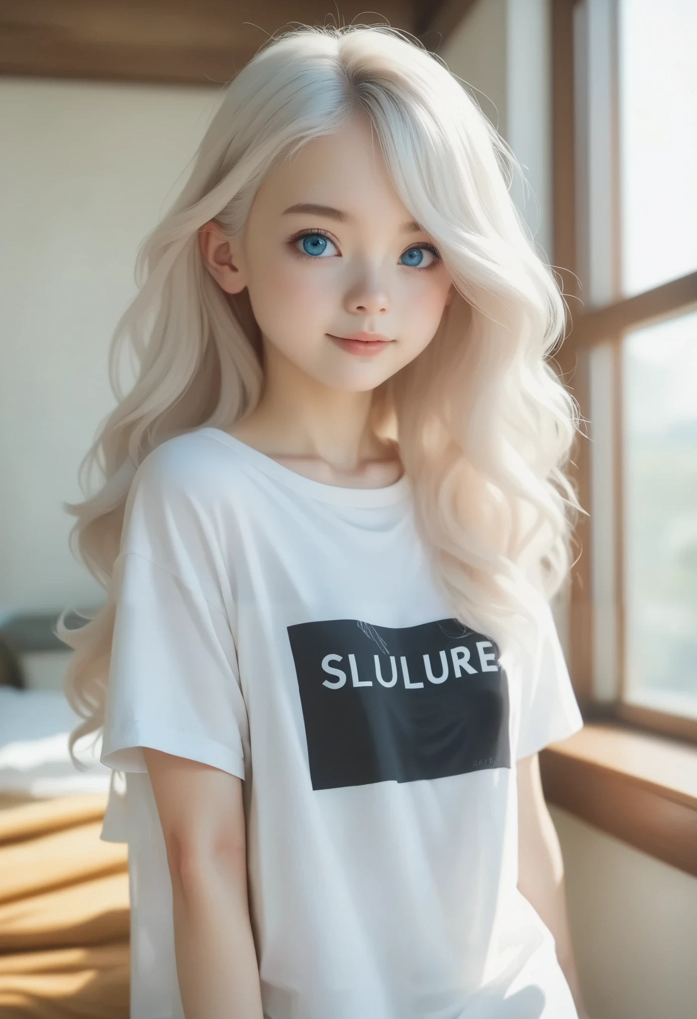 (Ultra-detailed skin),  pale skin, (Ultra-fine hair),(Very soft hair),(Super Straight hair:1.5),  young girl, black, hair on one eye ,  blue eyes,  very cute, black, Straight, Silky smooth long length white t-shirt (Up to the thighs),  medium chest  、 white shirt