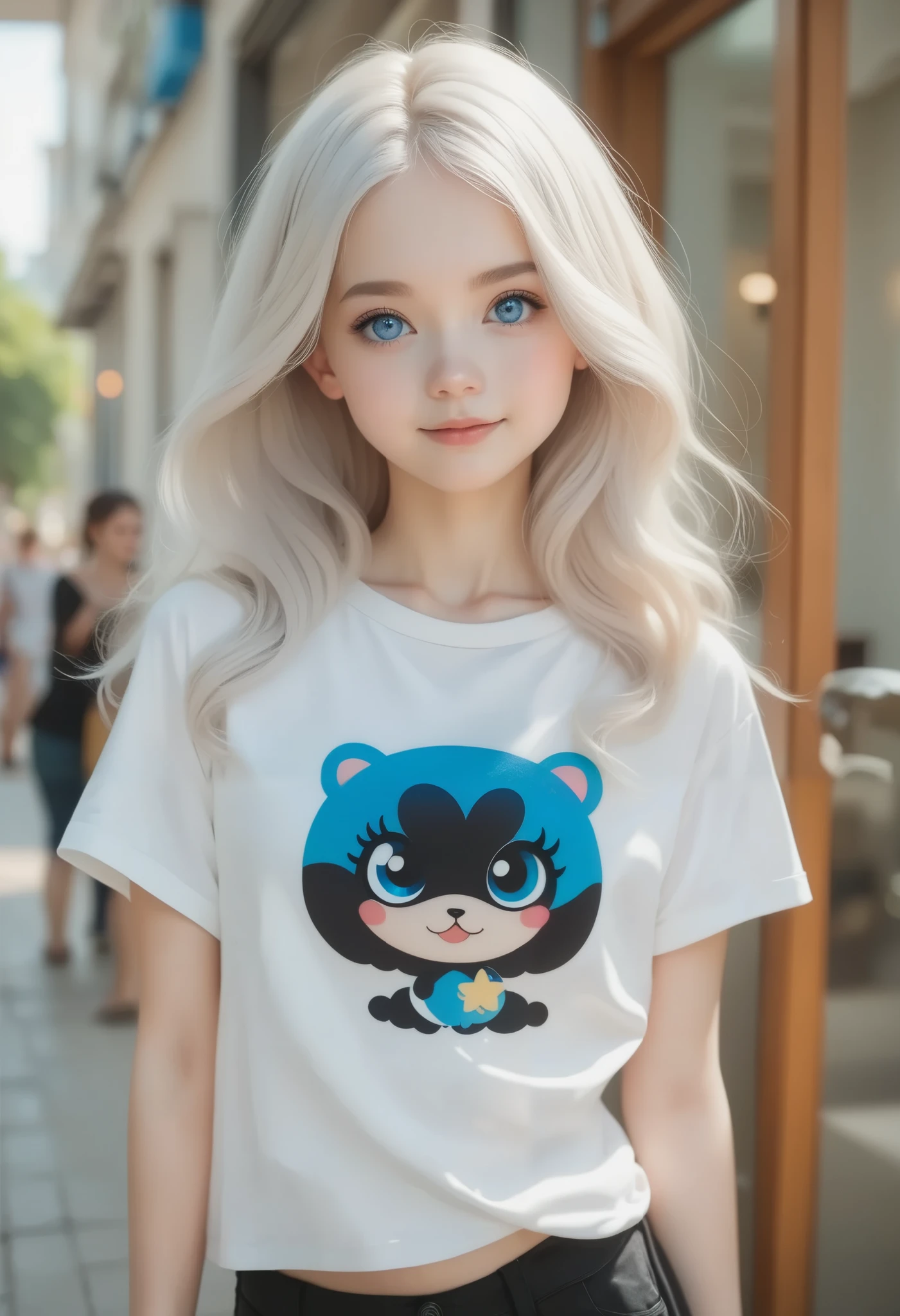 (Ultra-detailed skin), pale skin, (Ultra-fine hair),(Very soft hair),(Super Straight hair:1.5), young girl, black, hair on one eye , blue eyes, very cute, black, Straight, Silky smooth long length white t-shirt (Up to the thighs), medium chest 、 white shirt