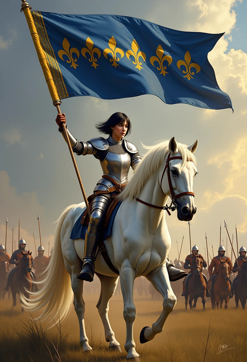 Masterpiece painting, dramatic angled-front view, , heroic painting of a beautiful girl on a medieval battlefield, short black hair, full-plate-mail armor, holding up a lance with a long and narrow blue and gold banner with hundreds of embroidered fleur-de-lis, defiance of an enemy, sitting on a large white steed,