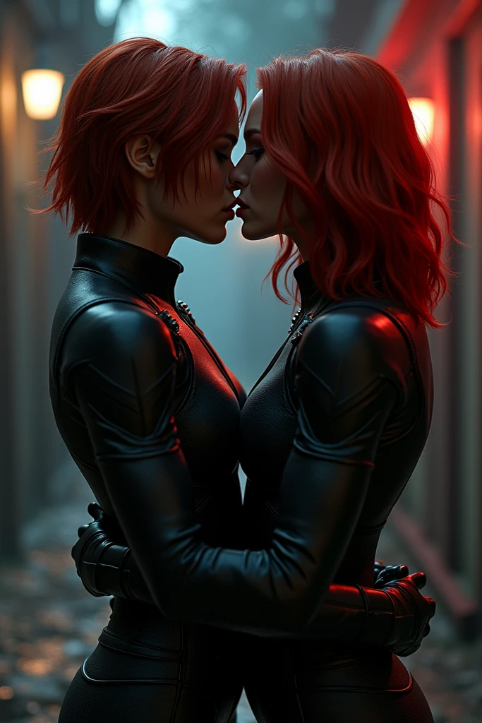 Create an evocative image of Scarlett Johansson as black widow ((short red hair, wearing black crop top)) and Elizabeth Olsen as scarlet witch ((long brown hair wearing red crop top)), side by side outside a spaceship, resting on a bed, gazing silently towards the horizon where the warm hues of a setting sun paint the sky in nostalgic colors. Cinematic lighting. Panty, ((crop top)). hug. kiss. passionate gentle kiss on the lips. kissing. looking at each other. grabbing buttocks. Breasts pressed, breast grab, (( grab)), consensual. Bliss. ((NSFW))