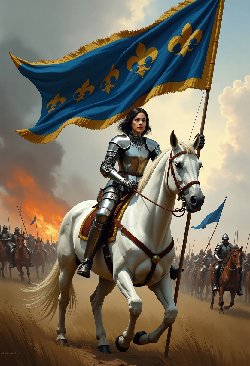 Masterpiece painting, dramatic angled-front view, , heroic painting of a beautiful girl on a medieval battlefield, short black hair, full-plate-mail armor, holding up a lance with a long and narrow blue and gold banner with hundreds of embroidered fleur-de-lis, defiance of an enemy, sitting on a large white steed,