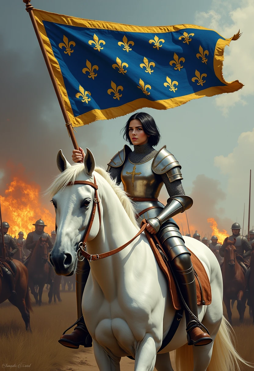 Masterpiece painting, dramatic angled-front view, , heroic painting of a beautiful girl on a medieval battlefield, short black hair, full-plate-mail armor, holding up a lance with a long and narrow blue and gold banner with hundreds of embroidered fleur-de-lis, defiance of an enemy, sitting on a large white steed,