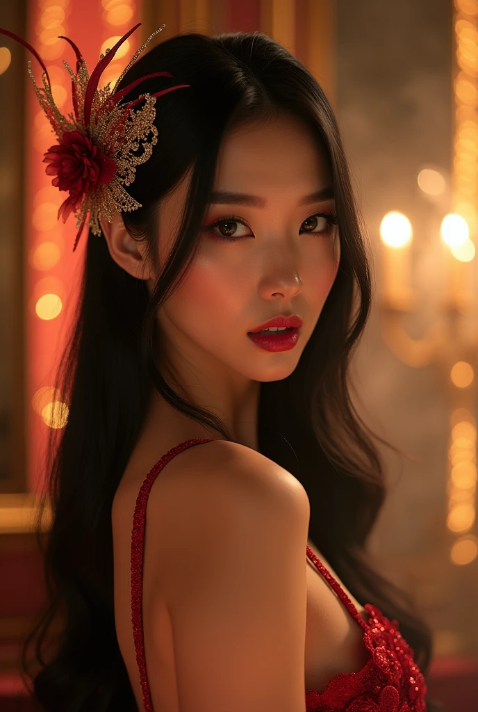 beautiful busty asian woman, jessica rabbit style, long flowing ruby red dress, intricate detailed dress, beautiful detailed face, piercing eyes, lush full lips, flawless porcelain skin, elegant pose, dynamic movement, dramatic lighting, cinematic composition, digital art, hyperrealistic, 8k, high quality, photorealistic
