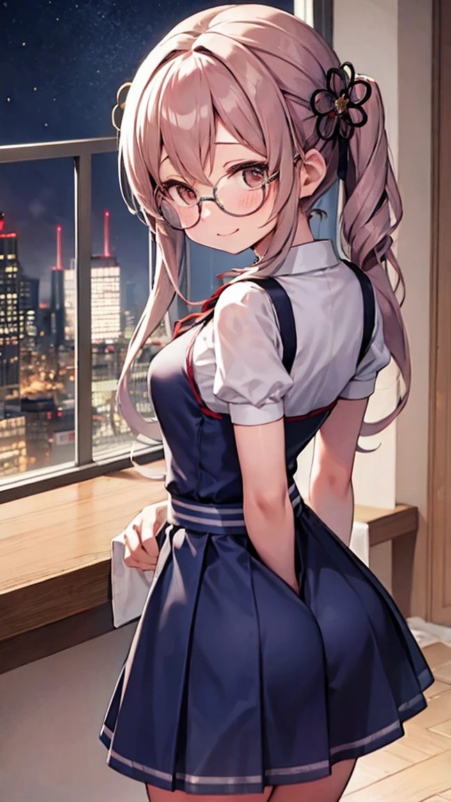  woman with glasses showing her butt、See-through underwear、Tomoe Mami wearing glasses 、 long hair、 office、night、 is shy、smile、（blue:透けるスカート付メイド服、micro length skirt ）、Maid clothes with skirt that can be seen through the butt 