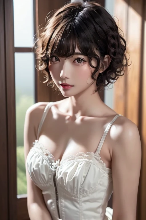 ((  top quality)), (超  is high definition ), (  very detailed), (  detailed description  ), ((  best CG  )), (  masterpiece on penis ),  Ultra-detailed art , (  top quality, 8k, 32K,   masterpiece on penis ), (  realistic  :1.2)、(  is high definition ),   very pretty face and eyes ,  1 female ,   Thin Waist, Delicate body, (  top quality,   attention to detail,   rich skin details  ), (  top quality, 8k, Oil paints:1.2),   bright color、  beautiful woman 、  detailed face  、((Ultra Short Curly Hair:1.5))