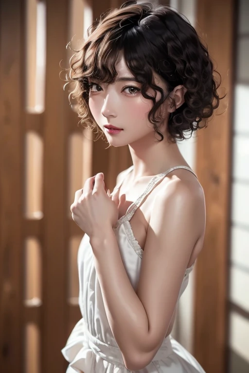 ((  top quality)), (超  is high definition ), (  very detailed), (  detailed description  ), ((  best CG  )), (  masterpiece on penis ),  Ultra-detailed art , (  top quality, 8k, 32K,   masterpiece on penis ), (  realistic  :1.2)、(  is high definition ),   very pretty face and eyes ,  1 female ,   Thin Waist, Delicate body, (  top quality,   attention to detail,   rich skin details  ), (  top quality, 8k, Oil paints:1.2),   bright color、  beautiful woman 、  detailed face  、((Ultra Short Curly Hair:1.5))