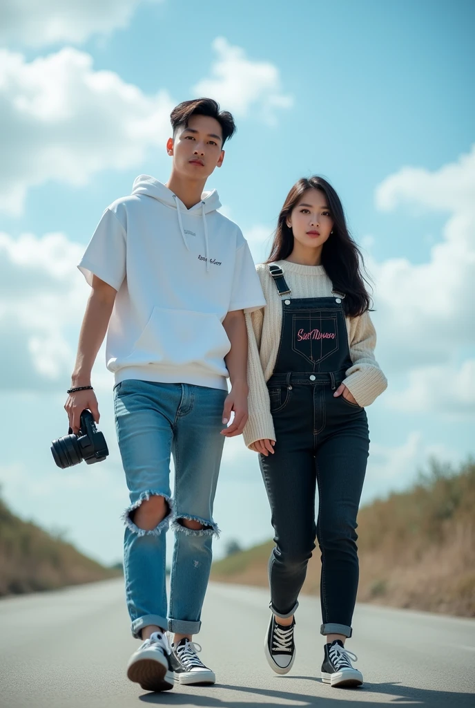wide shot, full shot , full body, a korean couple wearing casual cloths ,black jeans, gray sneakers, (( romantic lift hug ))sit e bench, holding a iphone, near town park ,serene atmosphere ,sunlight filtered by trees, nature face color tones , looking at distance ,taken from distance ,10x zoom out , shot on nikon z9, shot on canon eos r5, shot on canon eos r5, captured on canon eos r6, color portrait, portrait shot, portrait shot 8k, soft portrait shot 8k