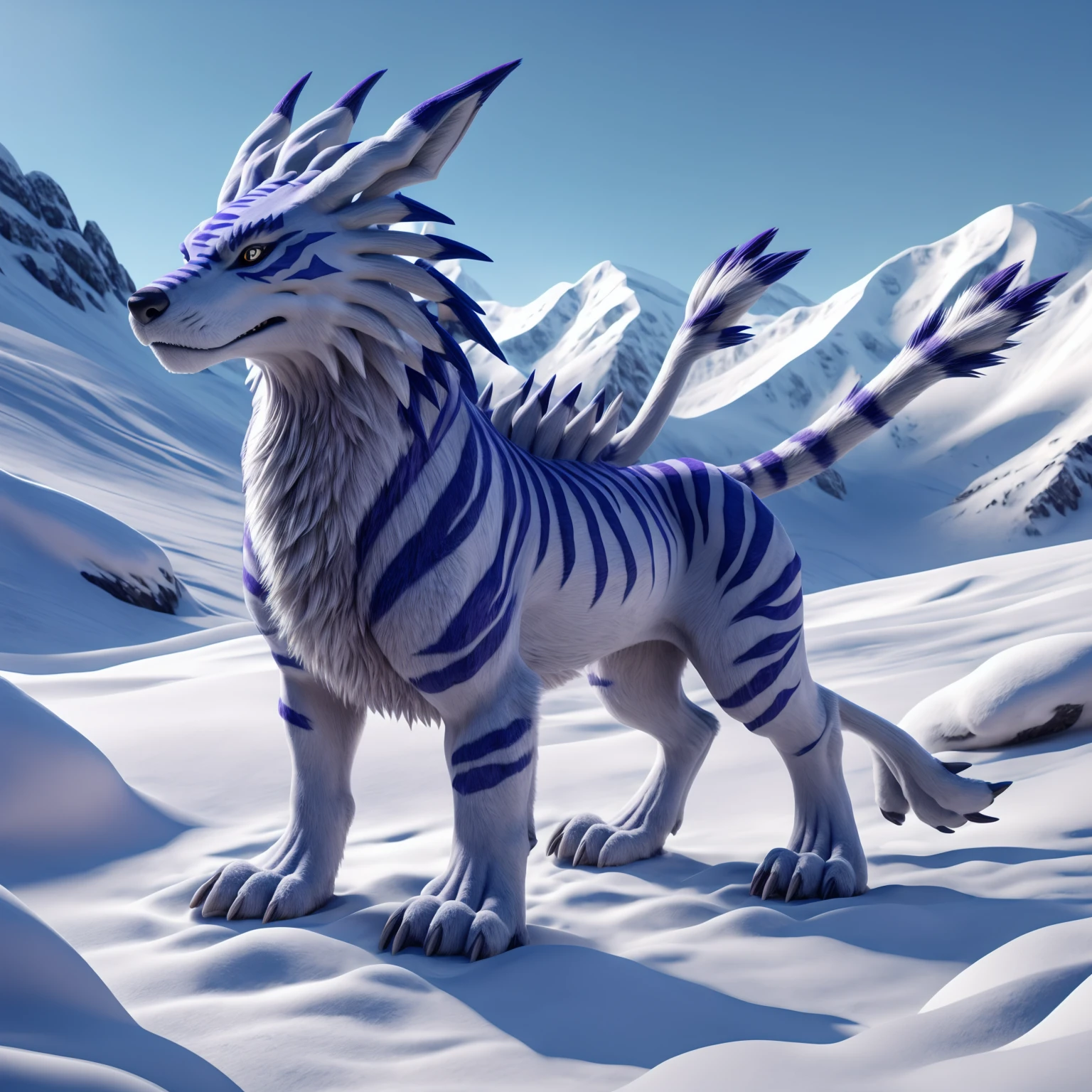 (Full body:1.2), Garurumon, quadruped, furry, with tail, very detailed fur, in the mountains, Highest quality, photorealistic, very detailed, very detailed background