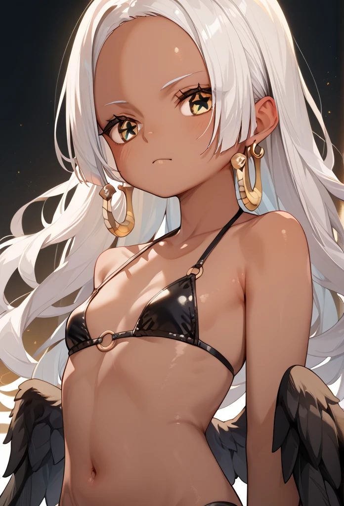 score_9, score_8_up, score_7_up, score_6_up, score_5_up, score_4_up, source_anime, aasnake, long hair, white hair, dark skin, earrings, yellow eyes, symbol-shaped pupils, black wings, small breasts. bikini 