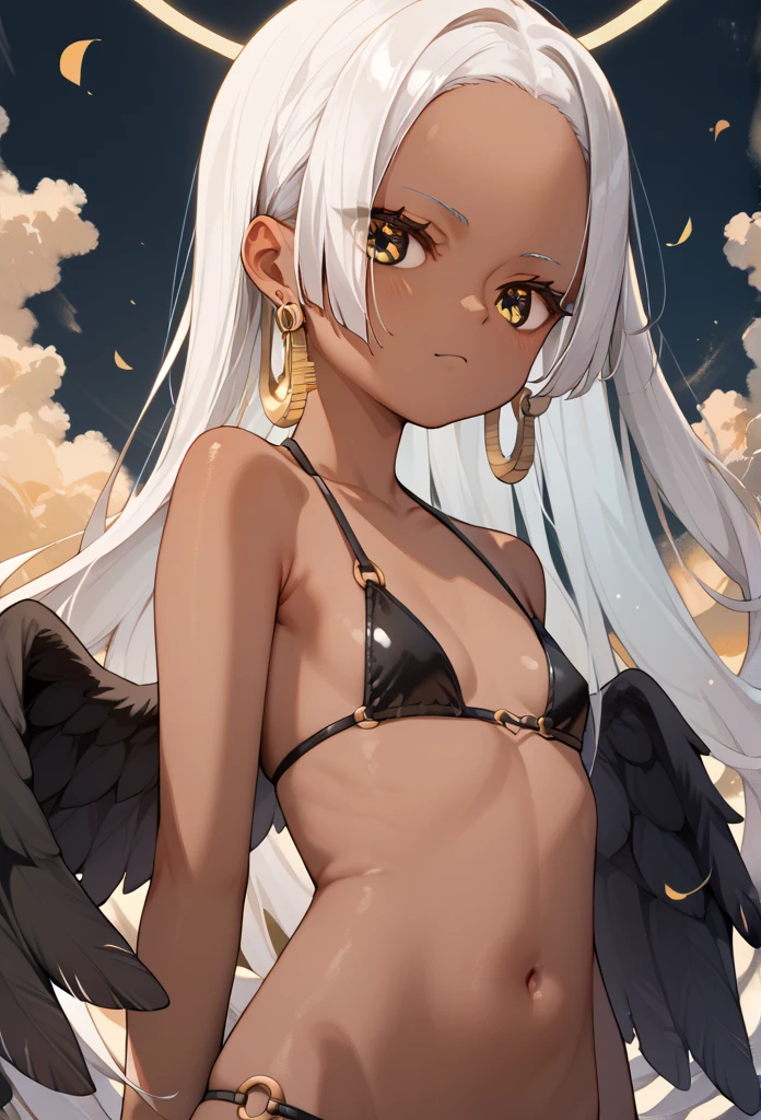 score_9, score_8_up, score_7_up, score_6_up, score_5_up, score_4_up, source_anime, aasnake, long hair, white hair, dark skin, earrings, yellow eyes, symbol-shaped pupils, black wings, small breasts. bikini 