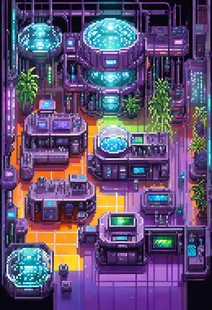 (front view, best quality, masterpiece, best quality, pixel art), (1girl), (solo), looking at viewer, fantasy, pixel art, Incredible pixel art detail, sandboxes, a futuristic laboratory, featuring sleek metallic surfaces, glowing holographic screens displaying data, and robotic arms working on experiments. Include scientists in futuristic lab coats analyzing test tubes with vibrant, glowing liquids, and advanced bio-organisms moving inside transparent containment pods. The atmosphere should feel cutting-edge, with a mix of neon lighting and high-tech equipment creating a sense of innovation and discovery.