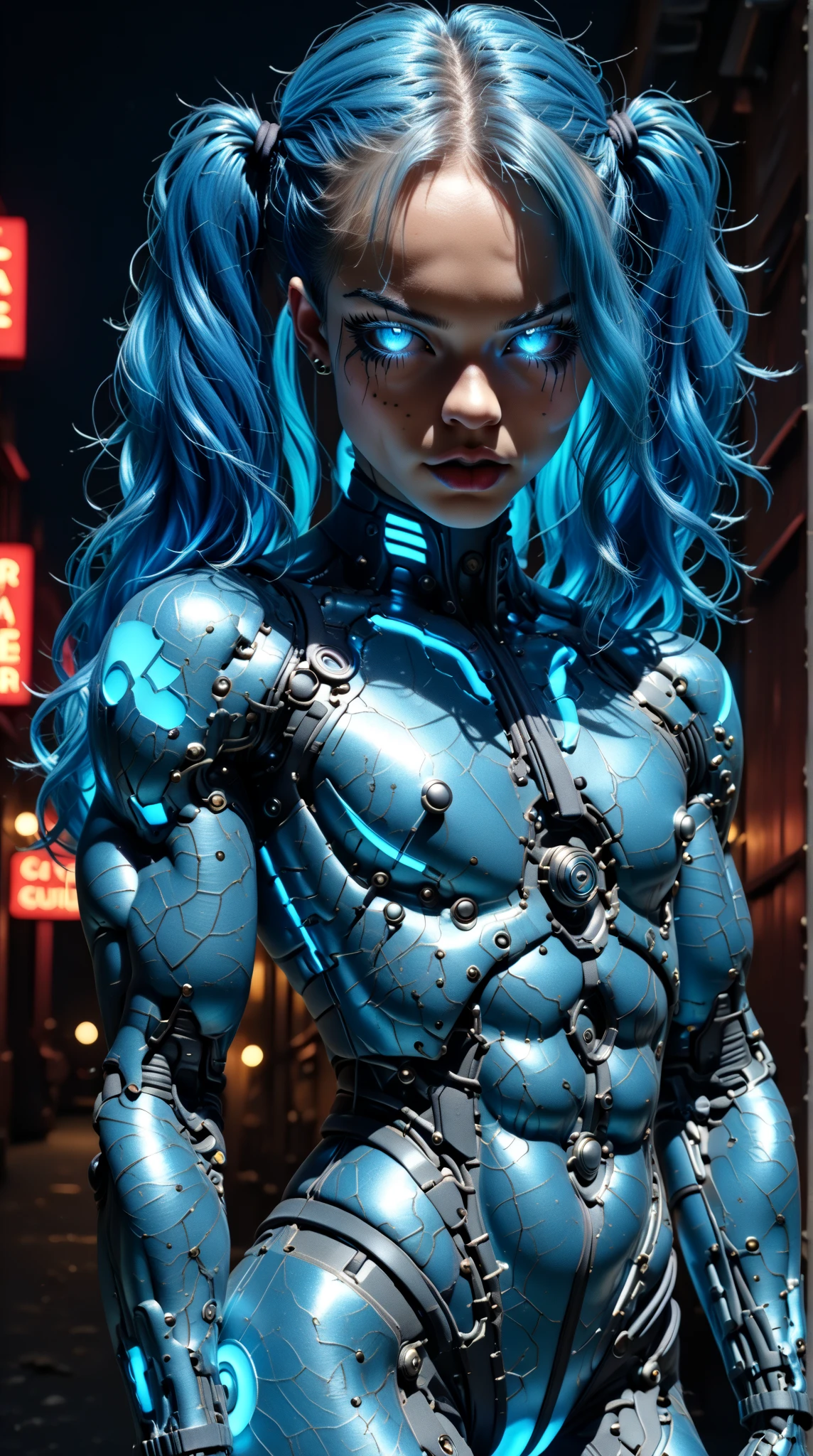 score_9, score_8_up, score_7_up, (Three quarters Shot), (1 girl), (asian), beautiful teenage (skinny) muscular goth cyborg girl, (full Cybernetic bodysuit:1.5), (black sclera:1.5), (blue glowing eyes:1.5), (blue glowing body veins:1.5), (flat chest:1.25), (blue glowing hair:1.25), (beautiful face:1.25), (bodybuilder femboy physique:1.25), (skinny long legs:0.75), (intricate gold filagree:1.25), bimbo lips, cowboy shot, cybernetic, mechanoid body parts, exposed cables and circuits, neon lights, gothic neon style, cyber punk style, super realistic image, beautiful digital paint , hyper Realistic illustrations, CyberRealistic_Negative_PONY-neg,CyberRealistic_Negative_PONY