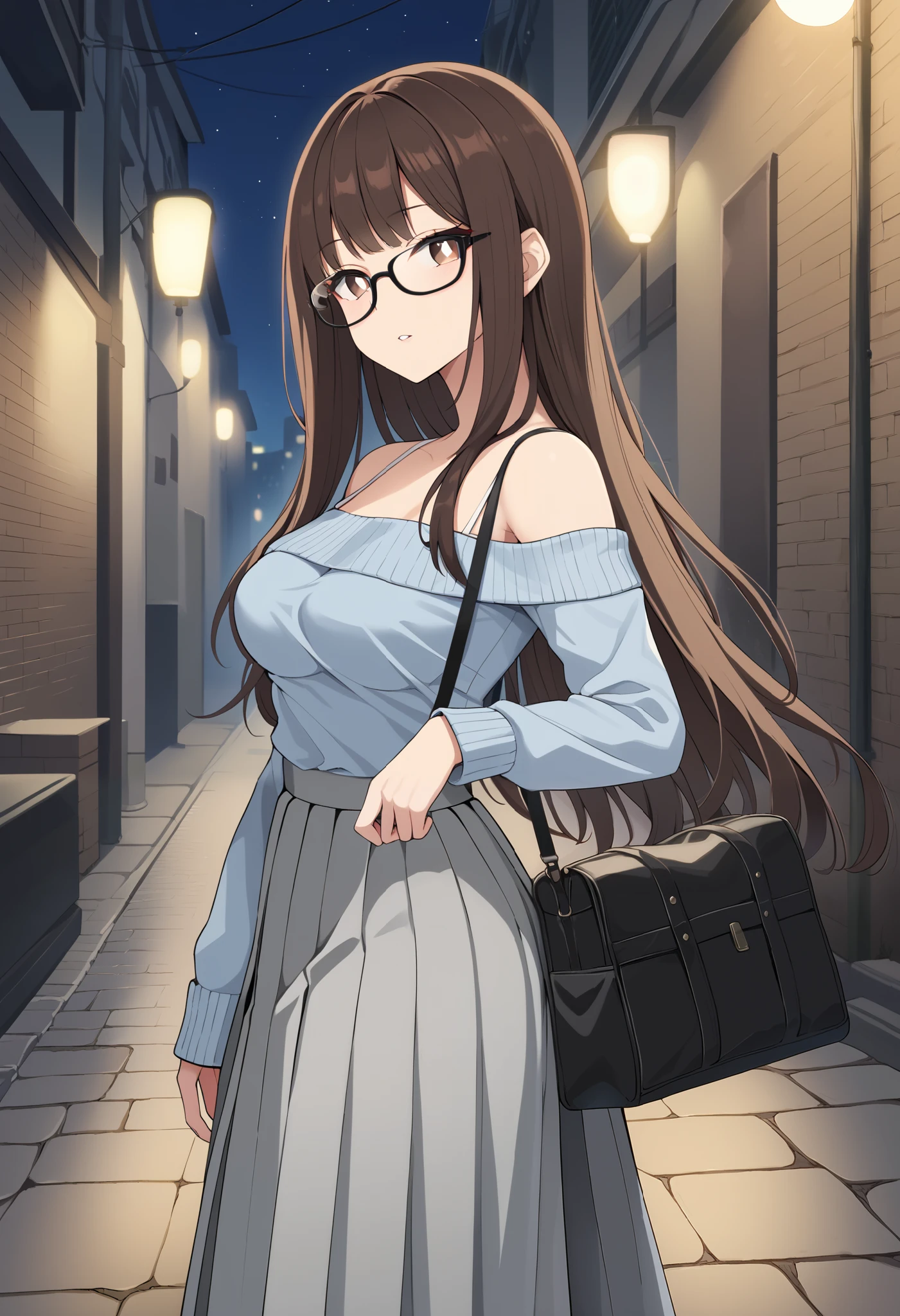 1girl, solo, from side, brunette hair, long hair, bangs, brown eyes, white pupils, parted lips, medium breasts, glasses, light blue sweater, shoulderless, spaghetti straps, gray skirt, long skirt, pleated skirt, leather bag, score_9, looking at viewer, outdoors, alleyway, night