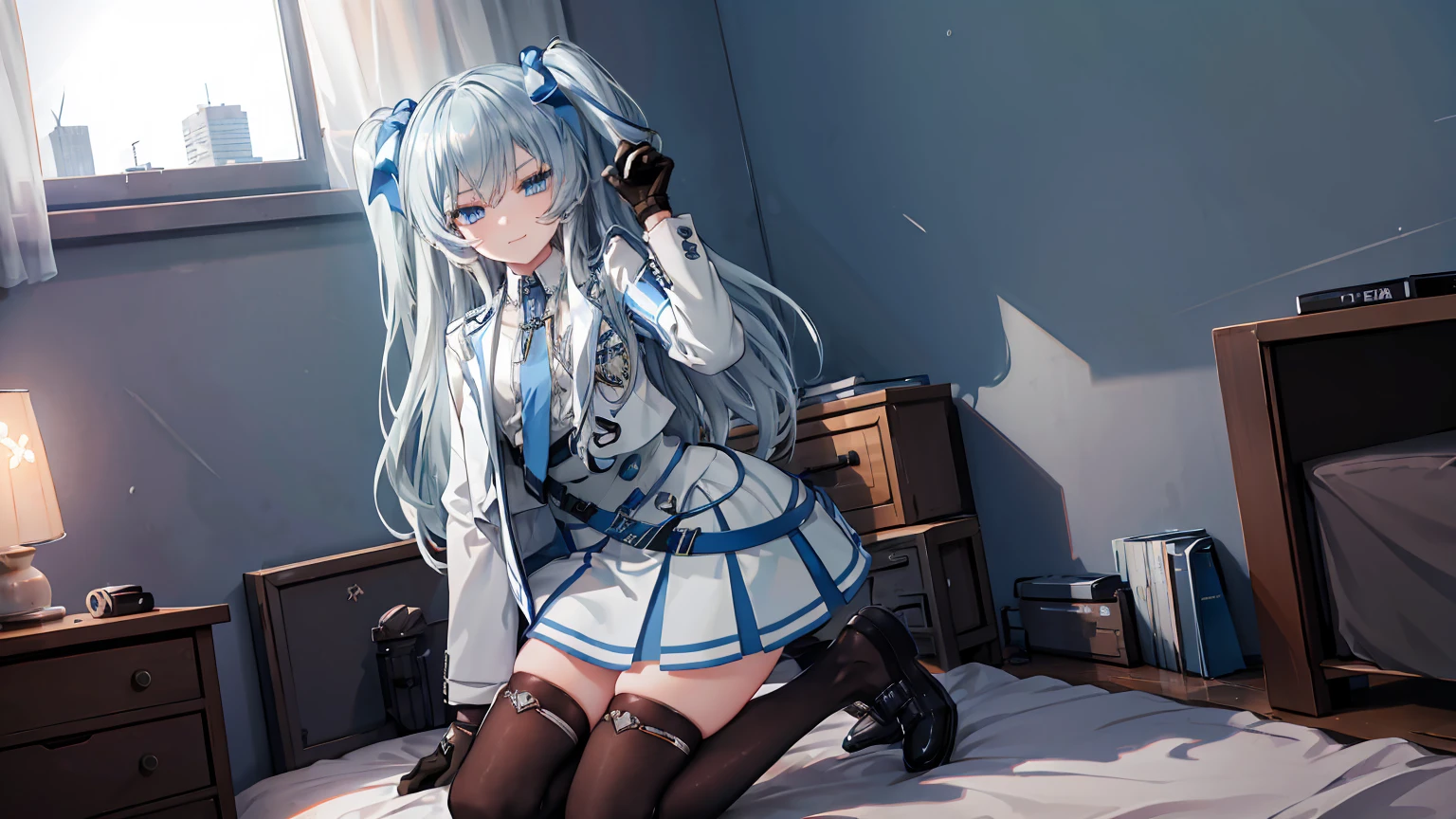 one gril，solo，elena,
blue eyes, long hair, two side up, school uniform, black thighhighs, black gloves, hair ribbon, black footwear,,kind_smile,cityscape,character-centric,whole body,legs,gloves,looking_at_screen,bedroom,bed,kneeling,