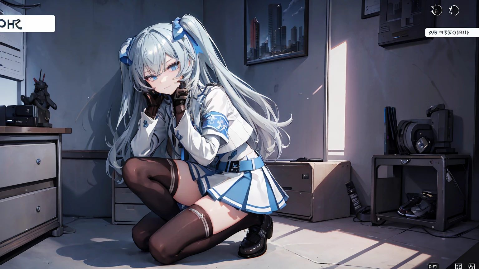 one gril，solo，elena,
blue eyes, long hair, two side up, school uniform, black thighhighs, black gloves, hair ribbon, black footwear,,kind_smile,cityscape,character-centric,whole body,legs,gloves,looking_at_screen,bedroom,bed,kneeling,