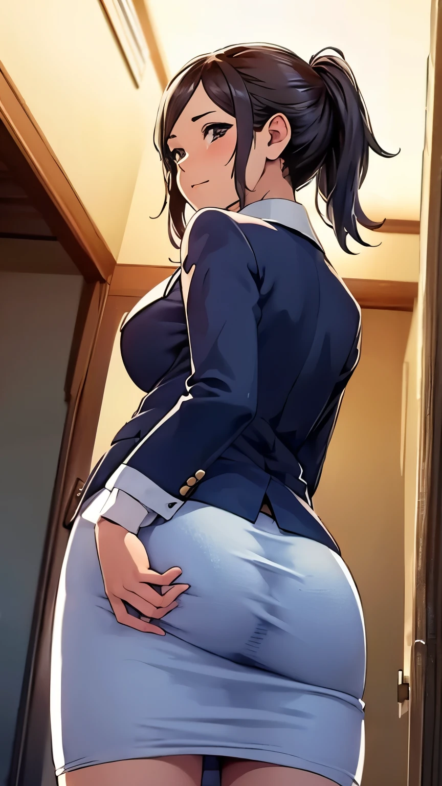 An annoying girl in a blazer, looking back, lewd face, viewed from below, cute ass
