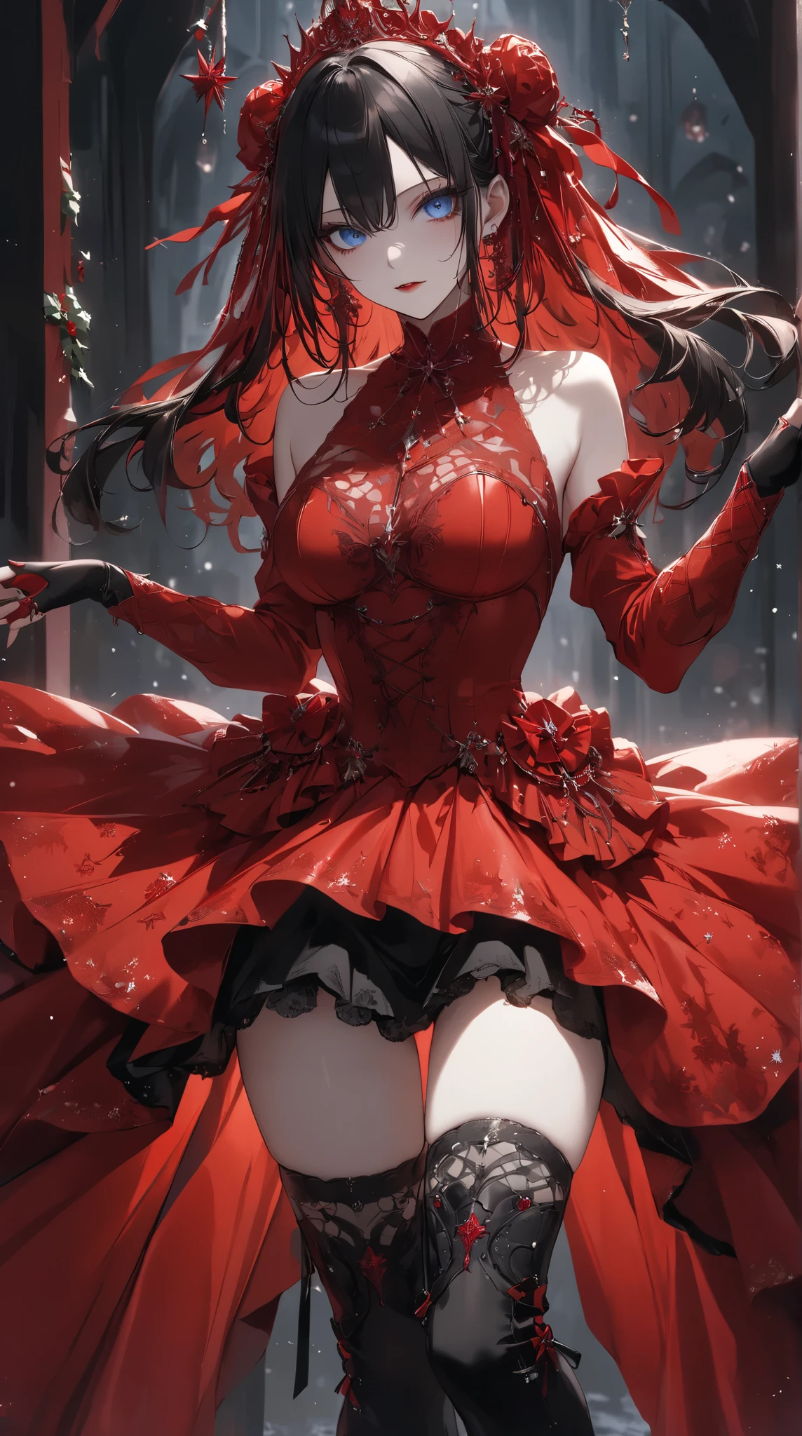 ｛{{dancing woman in red dress}}}、 red christmas costume ，,{{masterpiece}}, {{{best quality}}},{{ultra-detailed}}, 、Divine aura from a woman's body、goth,Gothic, boots,Fingerless gloves、Slim Beautiful Thighs 、 Expanding Skirt、blue eyes