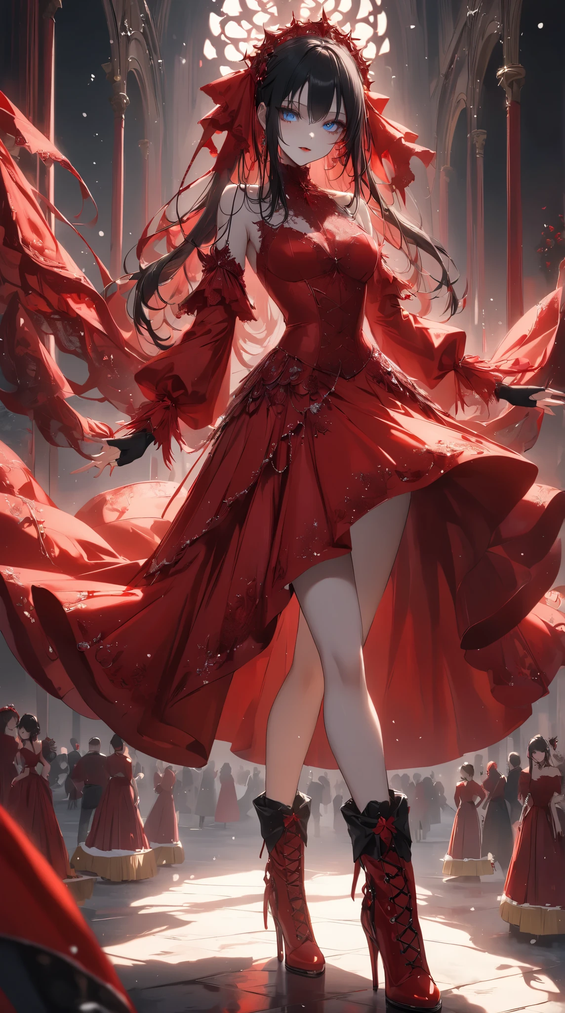 ｛{{dancing woman in red dress}}}、 red christmas costume ，,{{masterpiece}}, {{{best quality}}},{{ultra-detailed}}, 、Divine aura from a woman's body、goth,Gothic, boots,Fingerless gloves、Slim Beautiful Thighs 、 Expanding Skirt、blue eyes