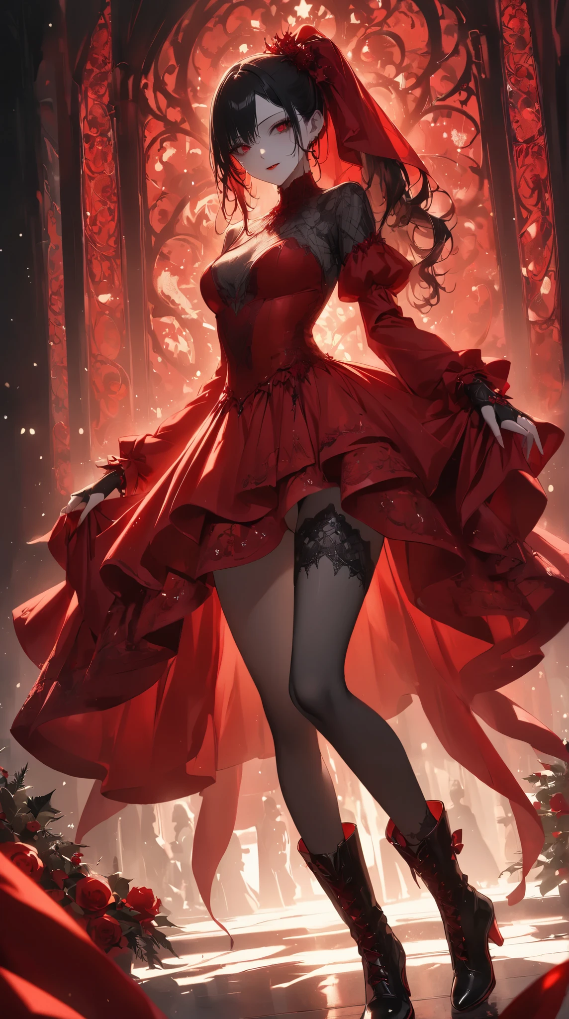 ｛{{dancing woman in red dress}}}、 red christmas costume ，,{{masterpiece}}, {{{best quality}}},{{ultra-detailed}}, 、Divine aura from a woman's body、goth,Gothic, boots,Fingerless gloves、Slim Beautiful Thighs 、 Expanding Skirt