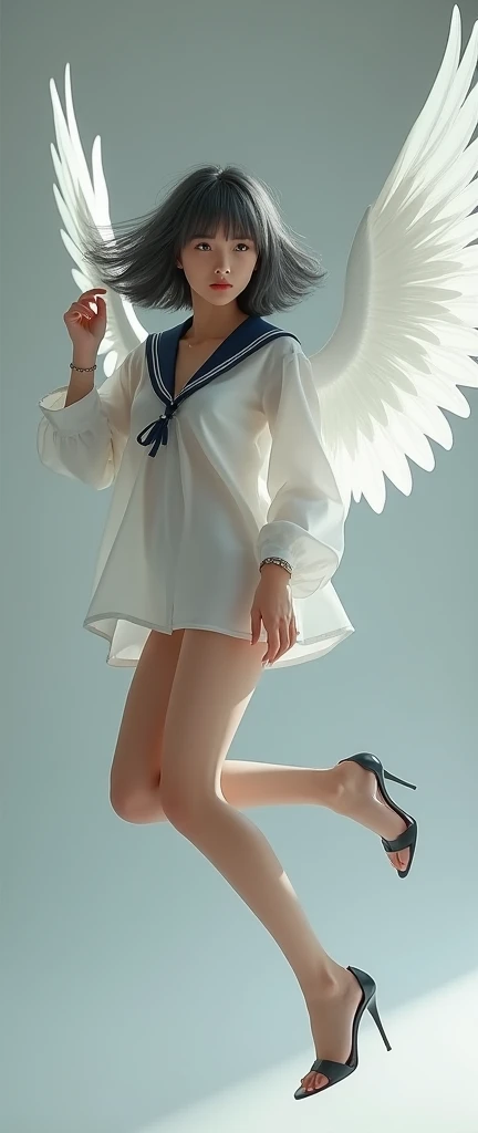 Adult woman in white dress and black shoes posing for photo, Full body!!, maid dress, ta style white one-piece dress, angelic pretty, A dark-haired、pale-blue、White ruffled socks