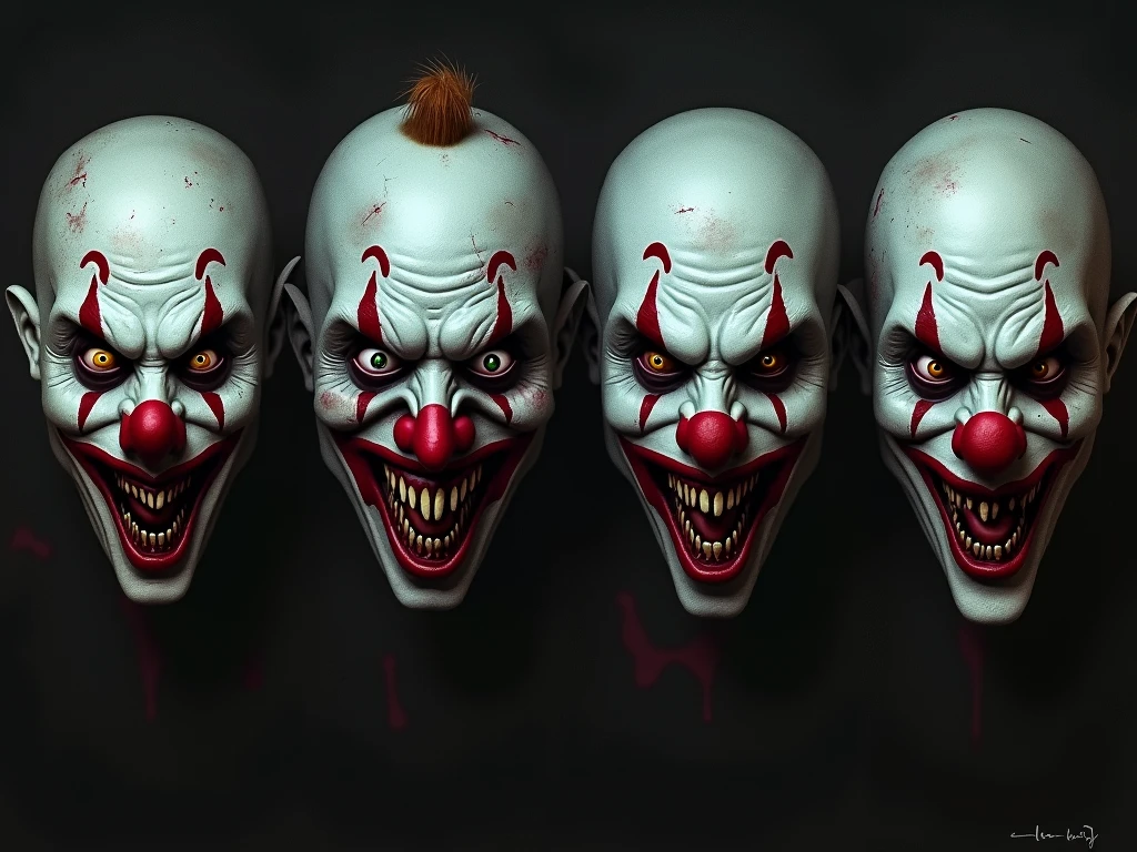 Nightmarish Transformation A series of images depicting the gradual transformation of a once innocent clown into an evil entity, showcasing the gradual corruption and darkness taking hold, Ultra realism, color field printing, high detail, UHD, 8k, anatomically correct, cinematic lighting 4d quality --auto