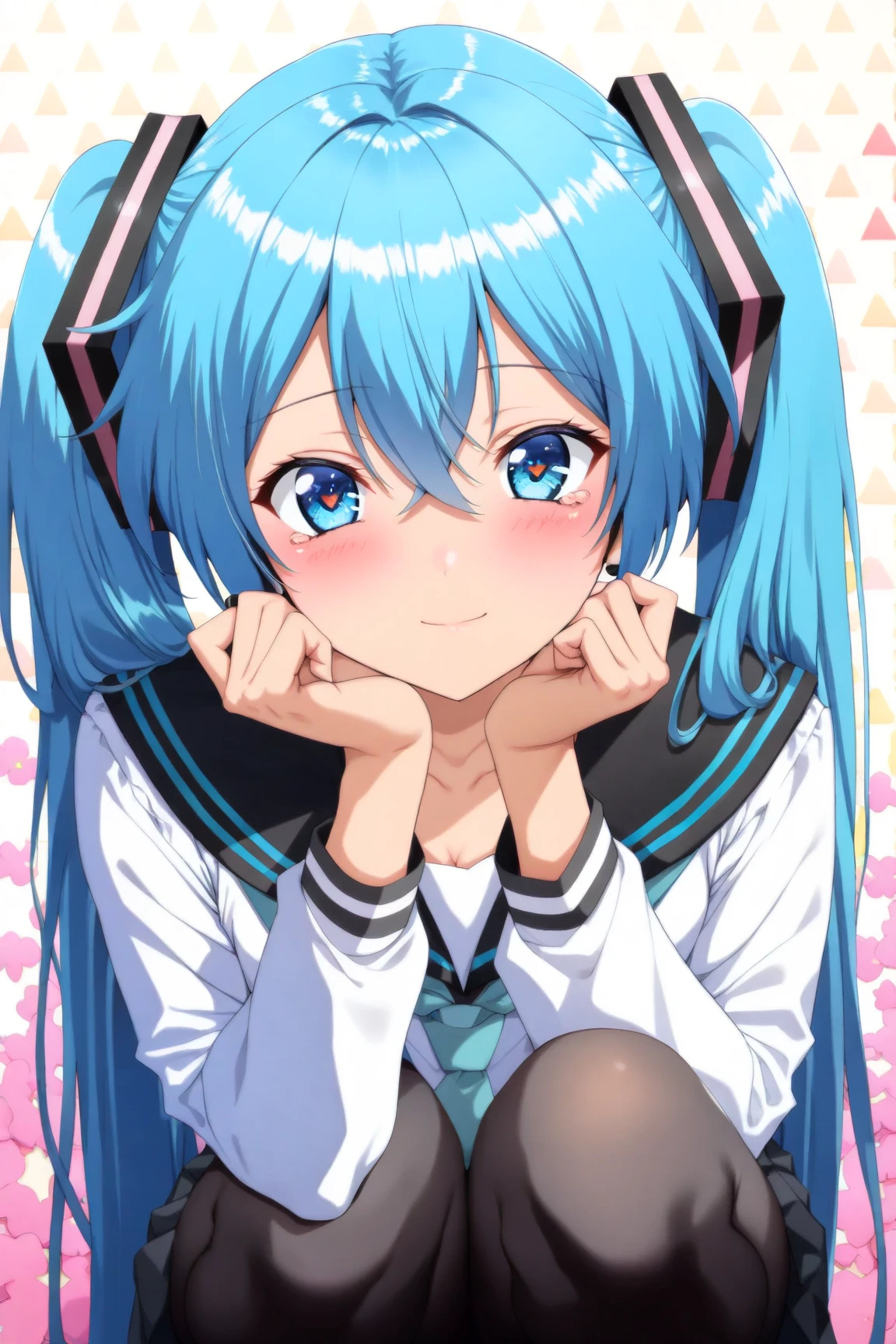 1 Girl,Hatsune Miku,Looking sideways at the viewer、Tears from the eyes、From the side,Squatting with your knees hugged、 (Aqua Eye),(Beautiful detailed eyes: 1.8)、Sparkling Eyes、Aqua Hair,Crossed bangs,Hair between the eyes,Long Hair,Twin tails,school uniform,beach、Pastel color background,Great graphics,(highest quality:1.2,Anime artwork,Anime Style,Studio Anime,Very detailed,masterpiece:1.2)