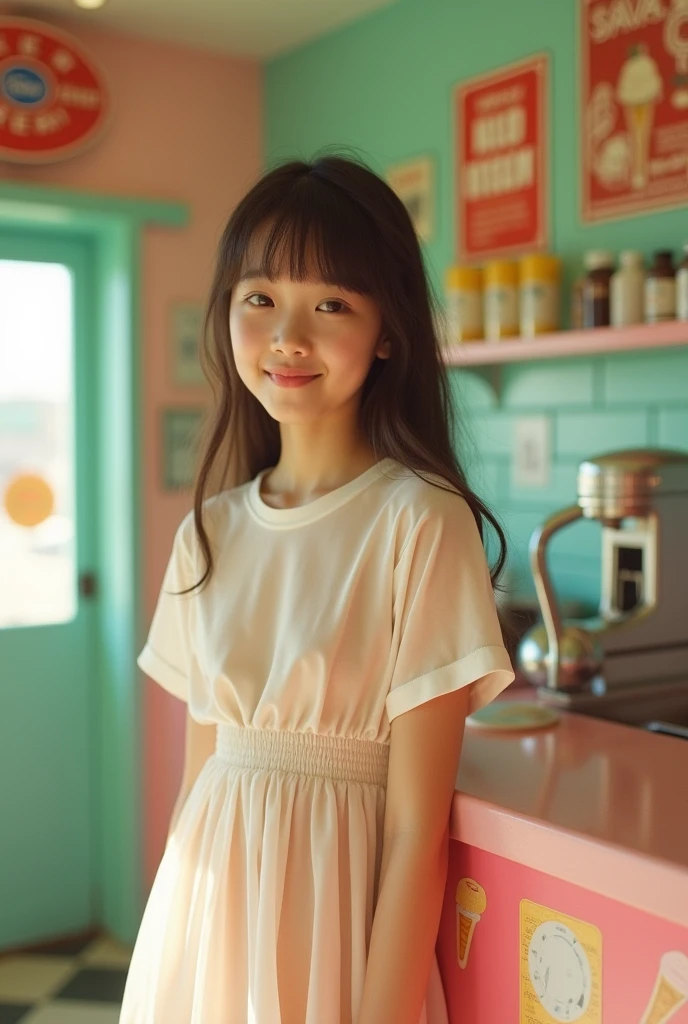 Portrait of a Thai girl looking at the camera, long hair, overalls, retro ice cream shop with pastel colored walls, classic soda shop counter and vintage ice cream posters, bathed in warm sunlight, analog film photograph, Kodachrome camera.