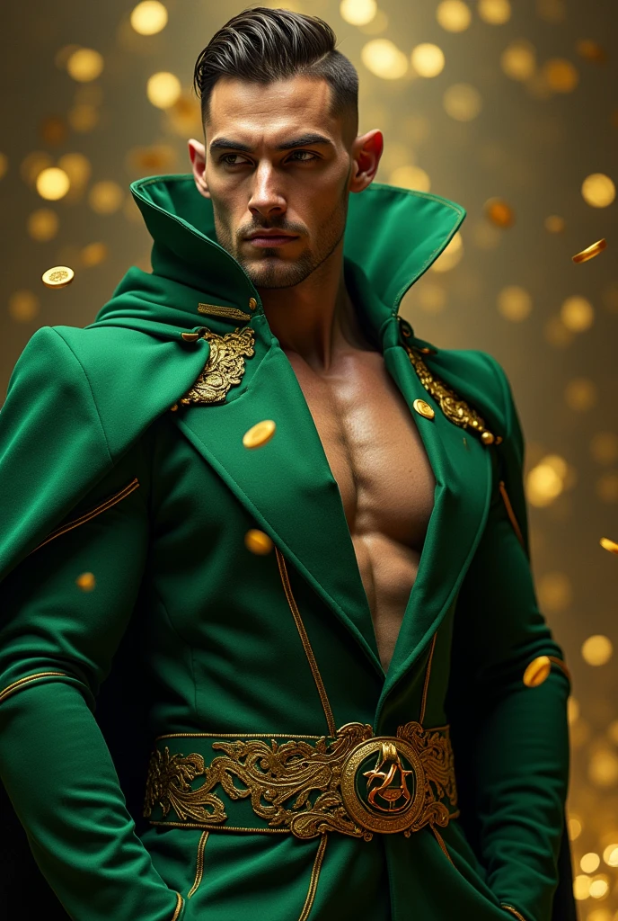 (photorealistic, masterpiece, best quality, highres), ((a handsome young man sitting on a big pile of gold coins)), wearing only green sequin underwear and a green top hat, ginger hair, freckles, slim athletic body build, light skin, irish, emerald green hills in the background, rainbow