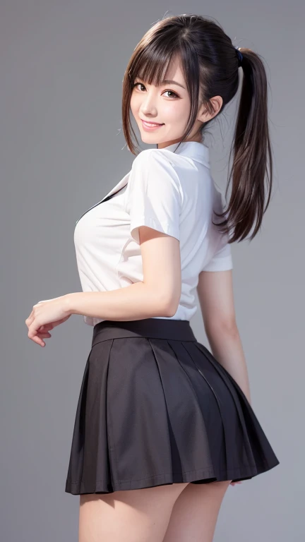 Top image quality、8K、masterpiece、((Photorealsitic))、On the stairs in the city、Young Japan woman standing on stairs、(A detailed face)、(evil smile:1.4)、Inside the city、Looking at the camera、Looking back at me、Sticking out the buttocks、Small and shapely beautiful butt、Beautiful round buttocks、(In shiny shirts and skirts、Black stockings)(Grey knee-length pleated skirt)(Sheen sheer skirt)(You can see a little bit of the shape of the buttocks from the top of the clothes)、Slender beautiful legs、Point your butt at the camera、Focus on the buttocks