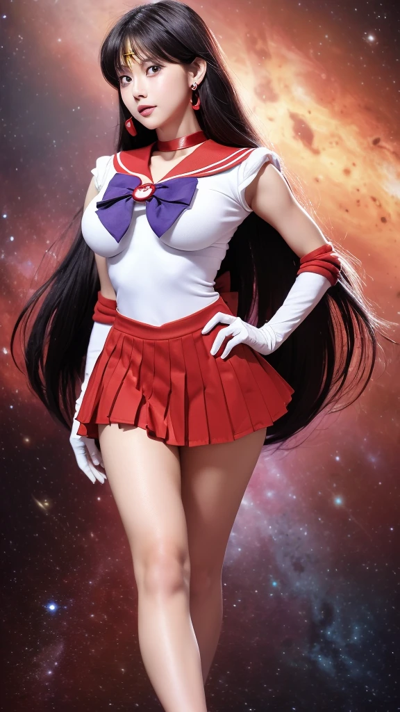 Product quality,  1 girl,  cowboy shot of a man,(Thigh Emphasis:1.4),(young and beautiful Japanese women ,  perfect anatomy),(well-proportion),(Sailor Warrior Uniform),(space background,universe,Mars, inflammation,red inflammation:1.4), Positive Little Smile  ,(red sailor collar  ),(  Red hair ribbon :1.3),Deep waistline,(Red Ultra Short Pleated Mini Skirt  :1.4),(  skirt flip:1.3),(  White Panties  :1.3),カップ付き earrings with cups,  tiara  ,   red choker  ,bow,White gloves,  JEWELRY, earrings with cups,  very beautiful face  ,Cute type,(Slightly round face),*********,Glossy lips,  beautiful big eyes  , gray eyes,  Double eyelids are visible ,(  natural makeup  ),  Shiny Smooth Black Long Hair,asymmetrical bangs,Floating Hair Nova Frog Style,【  imaging center  ,8k resolution,  attention to detail,Detailed hairstyle,Detailed face, movie lighting ,  octane rendering , God of Fire Super Real,perfect body,Beautiful legs,  my thighs are thick ,Big Breasts,  perfect anatomy,  Divide it diagonally 、feet ,(Sailor Warrior Pose  :1.3)