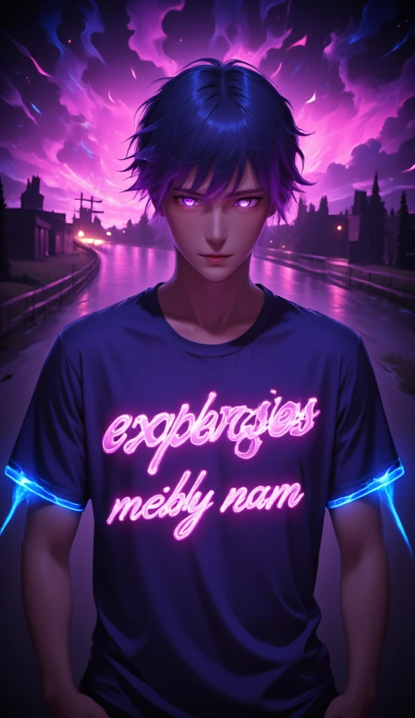 anime парен, expenses, road, fence, out of town  ,  Text on t-shirt  : AvasKorpion , neon, neonовый контур,, Night, expenses между нами.anime, стиль anime,