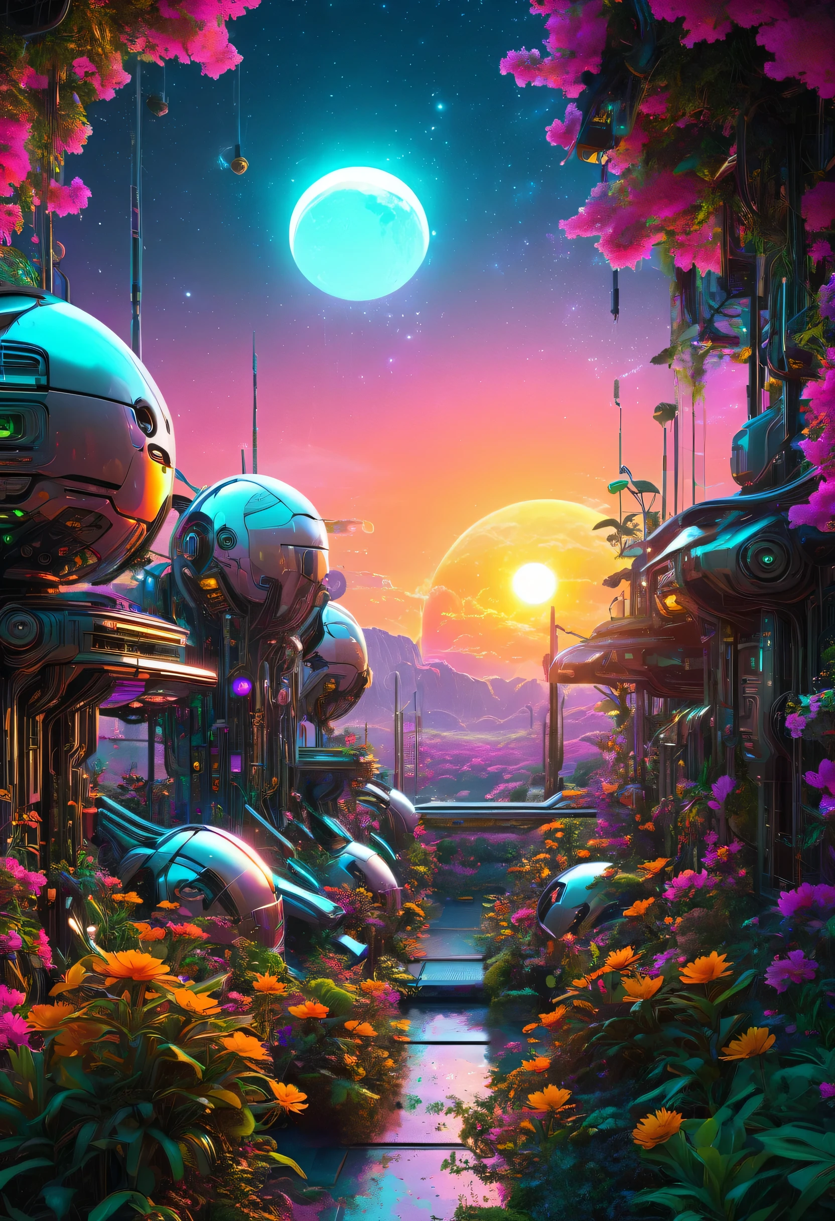  Sunset in a neo-age version of Eden ,  cybernetic robotic room with future dreams from the Unicode ,  unique individuals merging with exotic flora and architecture ,  matrix under a cosmic sky filled with multiple suns and a visible moon,  digital painting , neon glow,  volumetric lighting ,   highly detailed  , ultra-fine textures 