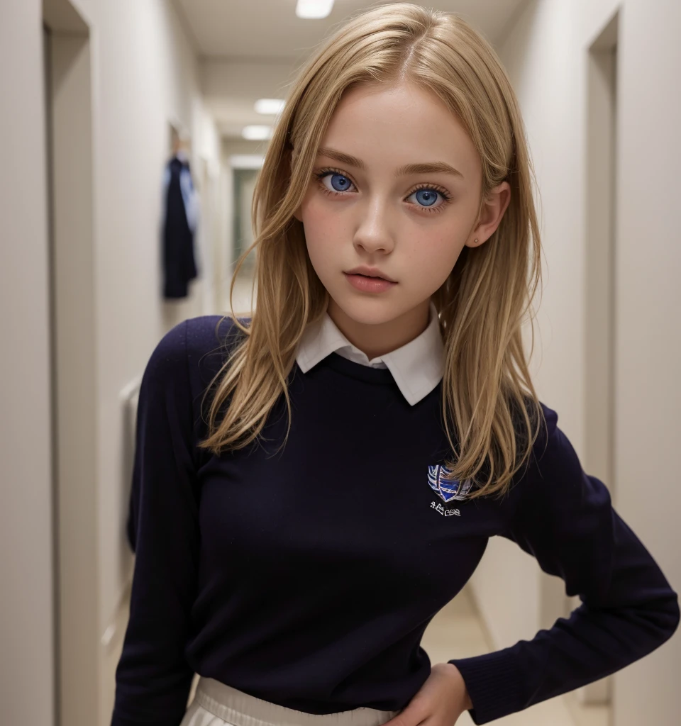 A short  wearing a scholl clothes with a hole in the brest location shy have a long white hair and blue eyes and left her skirt ti show you her underwear