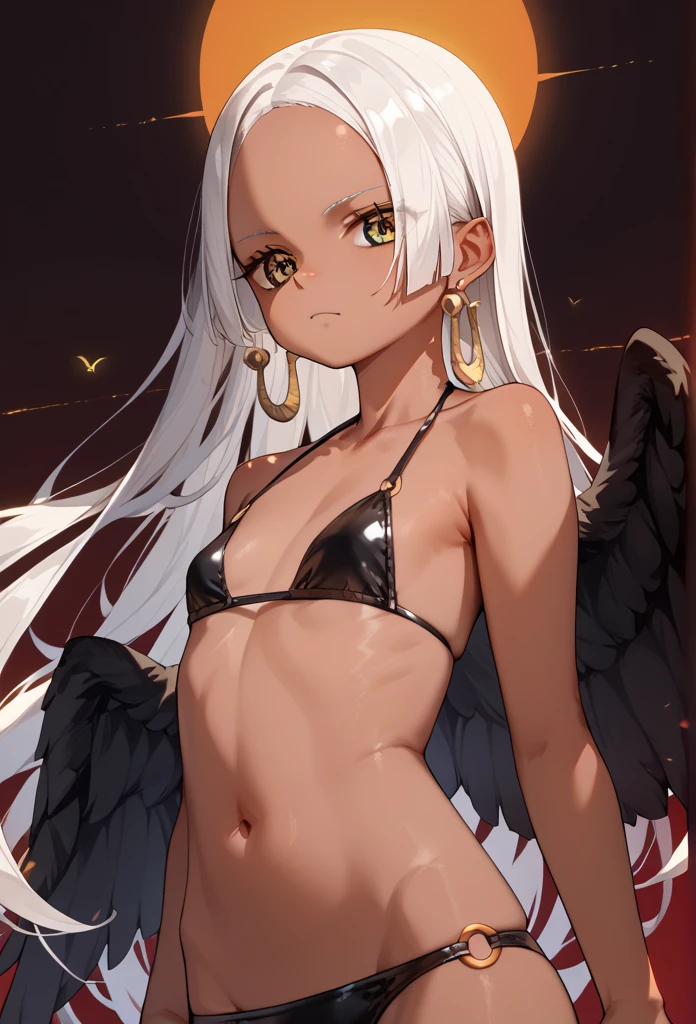 score_9, score_8_up, score_7_up, score_6_up, score_5_up, score_4_up, source_anime, aasnake, long hair, white hair, dark skin, earrings, yellow eyes, symbol-shaped pupils, black wings, small breasts. bikini 